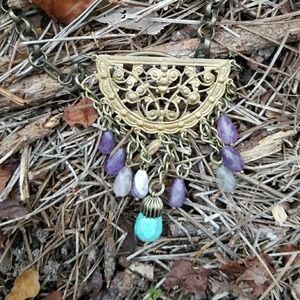 💗 17" Long Statement Necklace -Gold Tone with Beads